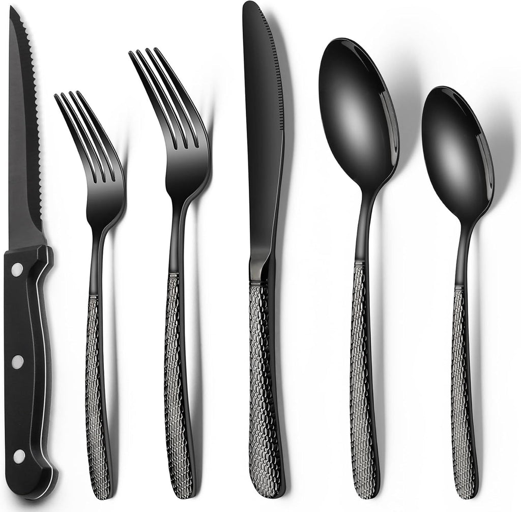 24-Piece Black Silverware Set with Steak Knives, Black Flatware Set for 4, Food-Grade Stainless Steel Tableware Cutlery Set, Mirror Finished Utensil Sets for Home Restaurant, Round Hammered