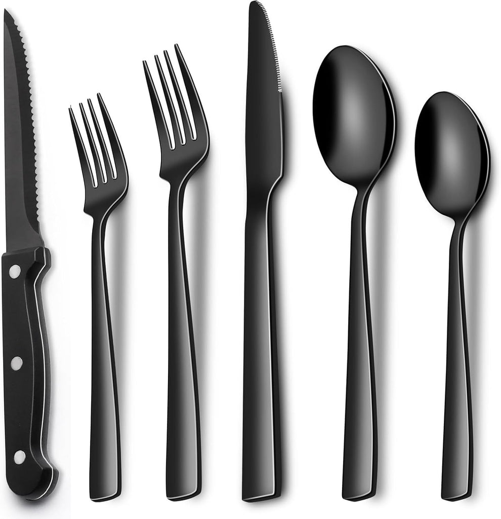 24-Piece Black Silverware Set with Steak Knives, Black Flatware Set for 4, Food-Grade Stainless Steel Tableware Cutlery Set, Mirror Finished Utensil Sets for Home Restaurant, Square Edge