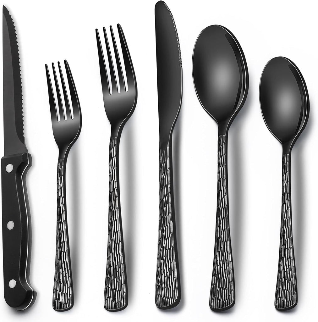 24-Piece Black Silverware Set with Steak Knives, Black Flatware Set for 4, Food-Grade Stainless Steel Tableware Cutlery Set, Mirror Finished Utensil Sets for Home Restaurant, Tree Pattern