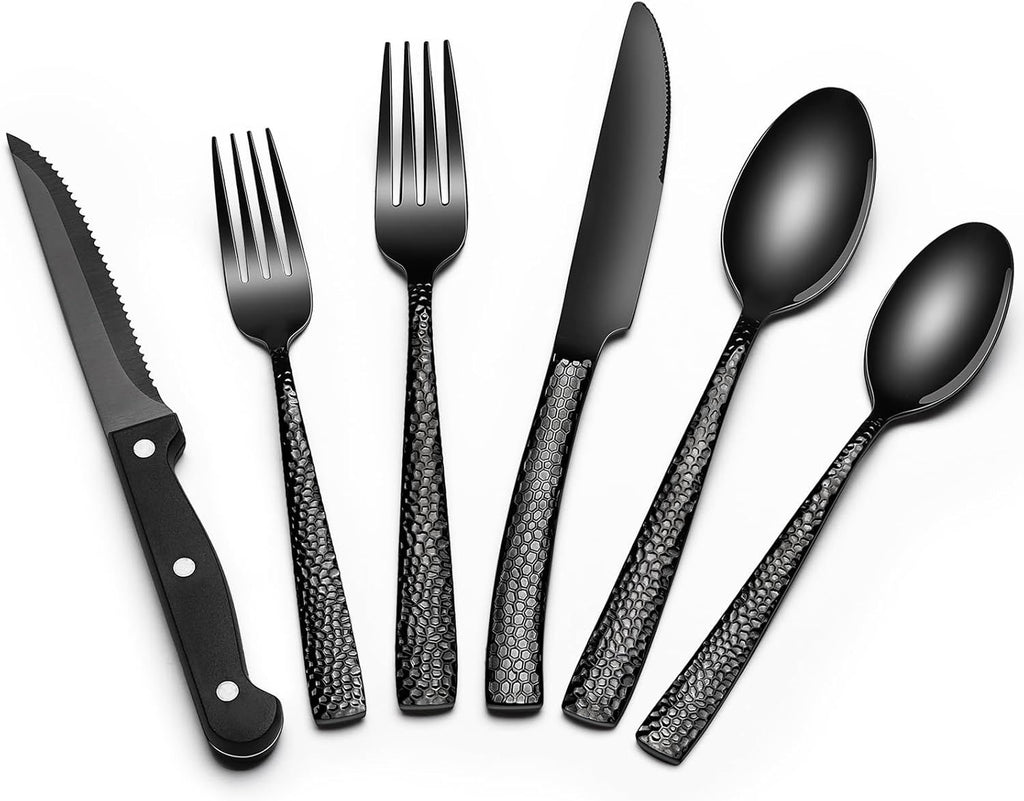 24-Piece Black Silverware Set with Steak Knives, Black Flatware Set for 4, Food-Grade Stainless Steel Tableware Cutlery Set, Mirror Finished Utensil Sets for Home Restaurant, Wave Hammered