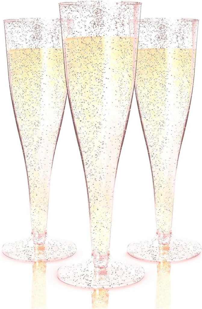 24 Piece Plastic Champagne Flutes Plastic Wine Glasses with Rose Gold Glitter - Cocktail Glasses for Parties - Party Supplies for Mimosa Bar, Wedding, Shower Party and New Years Eve