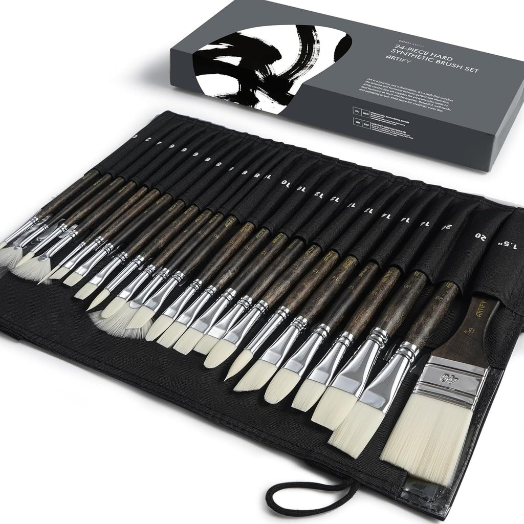 24 Pieces Synthetic Hog Bristle Nylon Paint Brush Set- Expert Series Paintbrushes for Acrylic, Oil – No Shedding, Canvas Roll Case, Artist Gifts Art Supplies