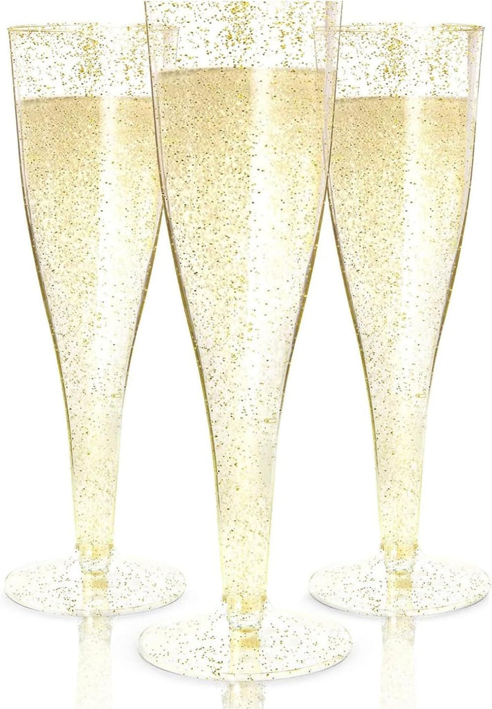 24 Plastic Champagne Flutes - Gold Champagne Flutes Plastic - Gold Disposable Mimosa Flute - Party Supplies - Disposable Cocktail Glasses - Mimosa Bar, Wedding, Shower Party