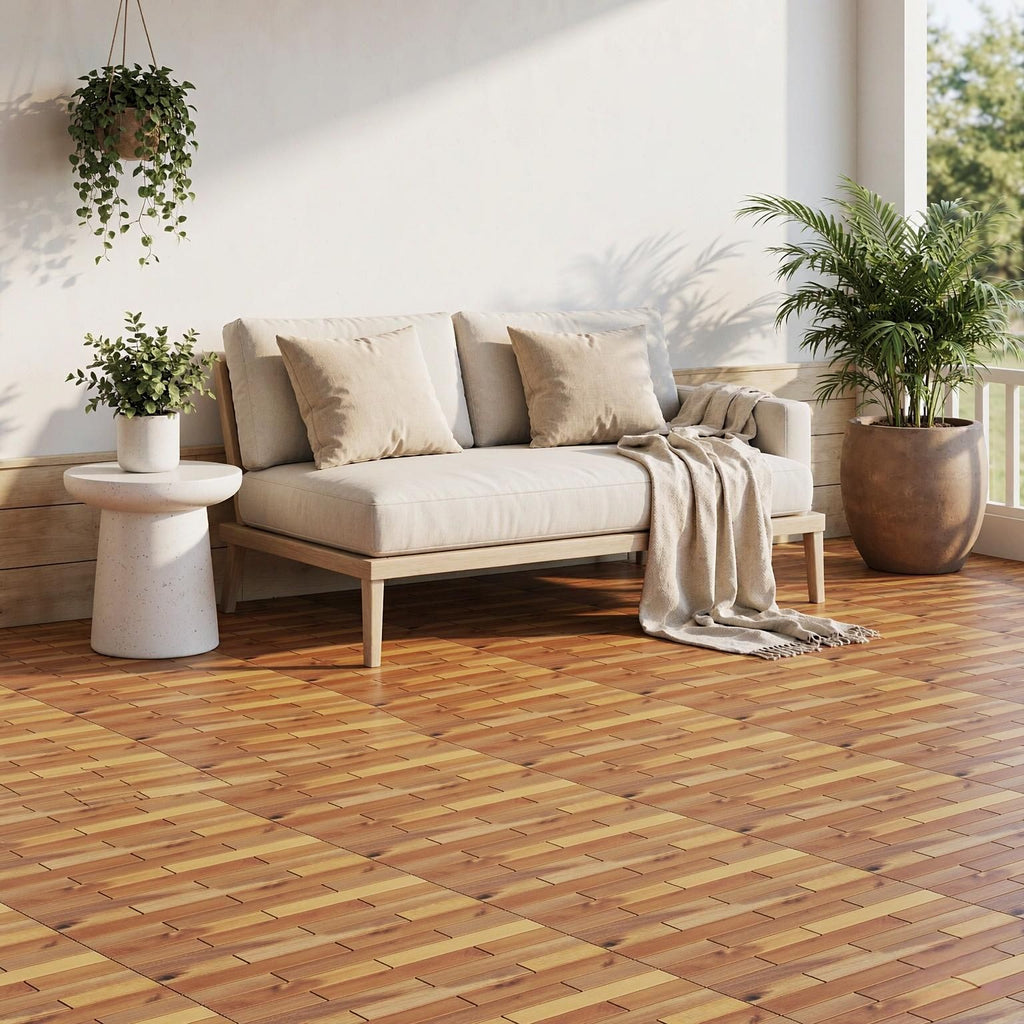 24 X 12 Inch Acacia Wood Interlocking Deck Tiles Set of 24 Waterproof Outdoor Patio Floor Tiles Easy to Install