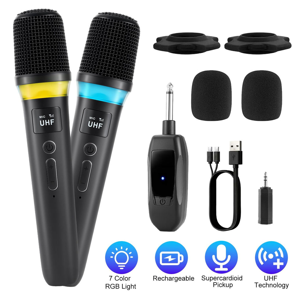 2.4G Wireless Microphones UHF Wireless Microphones Metal Handheld Dynamic Mics with 164FT Range RGB Light for Karaoke Party DJ Wedding Speech Outdoor Events