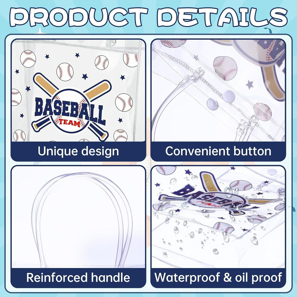 24Pcs Baseball Clear PVC Gift Bags, 8x8x3.15 In - Baseball Goodie Treat Candy Bags with Handles for Coaches Fans, Sport Theme Party Favor Bulk for Games Day, Team Snacks, Sport Theme Birthday