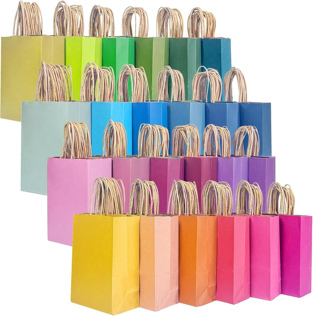 24Pcs Small Gift Paper Bag with Handles Bulk - 8.3"x6"x3. 15" Rainbow Party Bags - Mulit Color