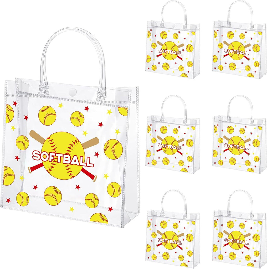 24Pcs Softball Clear Gift Bags with Handle, 7.9×7.9×3.1In - Reusable PVC Softball Goodie Bags for Fans Coaches, Sport Treat Candy Bag for Sports Theme Birthday Party, Team Snack Gifts