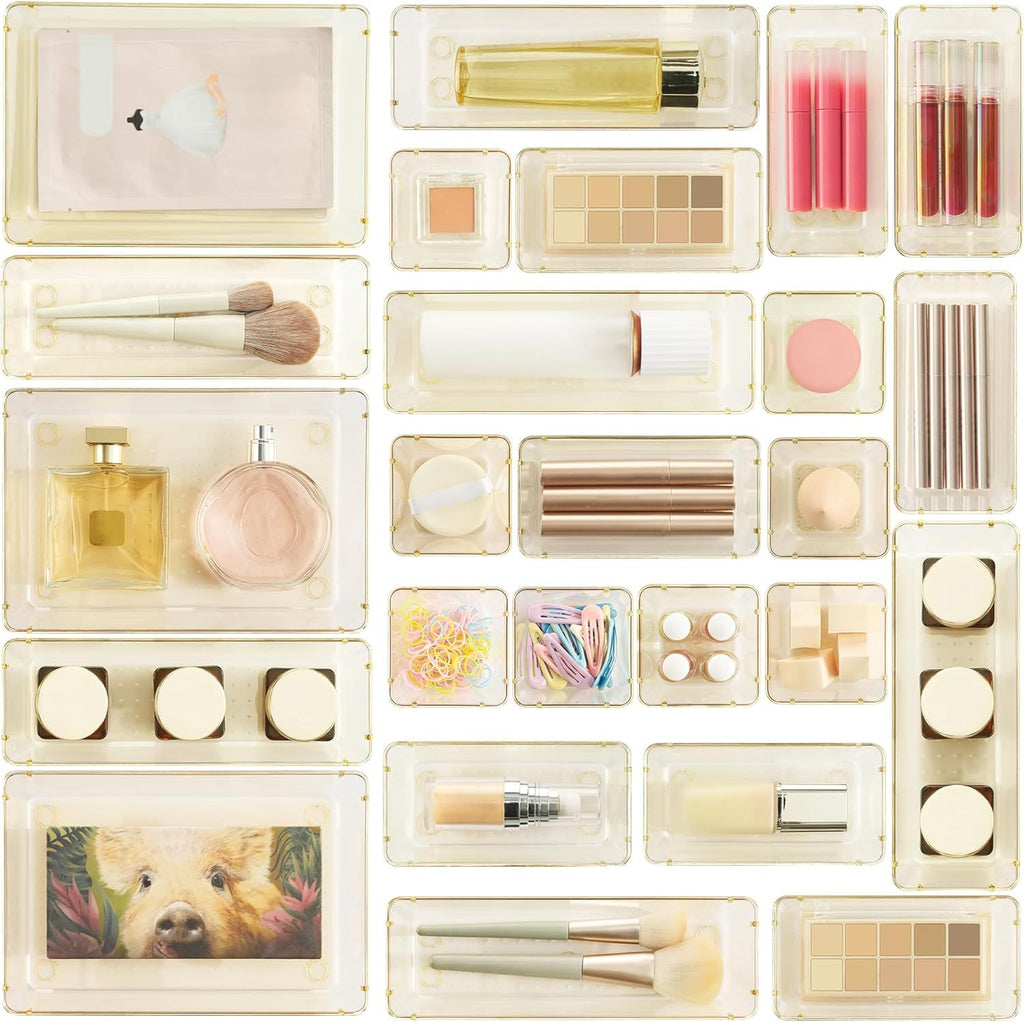 25 PCS Clear Plastic Drawer Organizers Set, 4-Size Versatile Bathroom and Vanity Drawer Organizer Trays, Storage Bins for Makeup, Bedroom, Kitchen Gadgets Utensils and Office