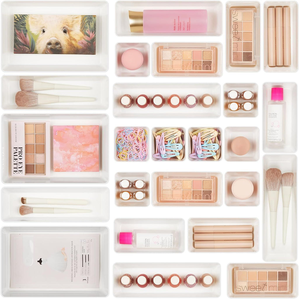 25 PCS Plastic Drawer Organizers Set, 4-Size Versatile Bathroom and Vanity Drawer Organizer Trays, Storage Bins for Makeup, Bedroom, Kitchen Gadgets Utensils and Office
