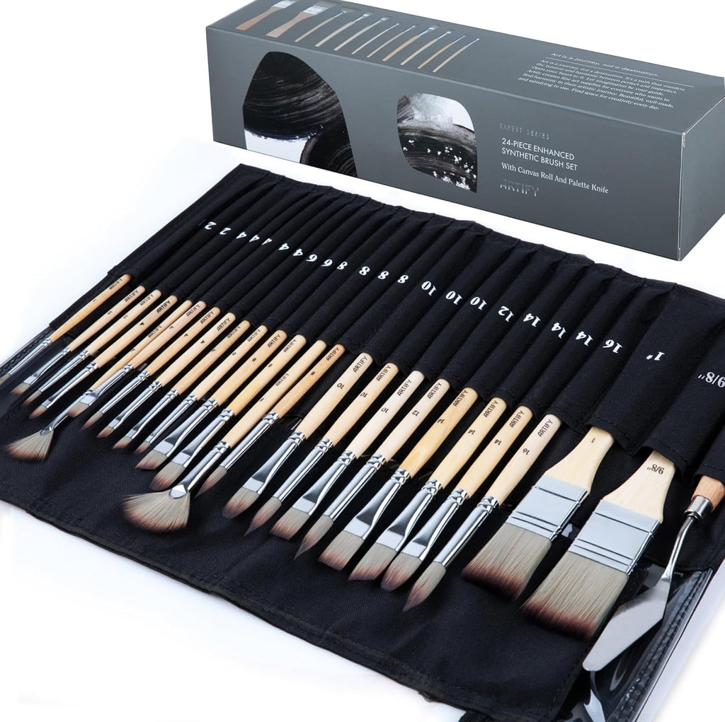 25-Piece Professional Paint Brush Set – Expert Series Synthetic Nylon Brushes for Acrylic, Oil, Watercolor, Gouache – No Shedding, Canvas Roll Case & Palette Knife, Artist Gifts Art Supplies