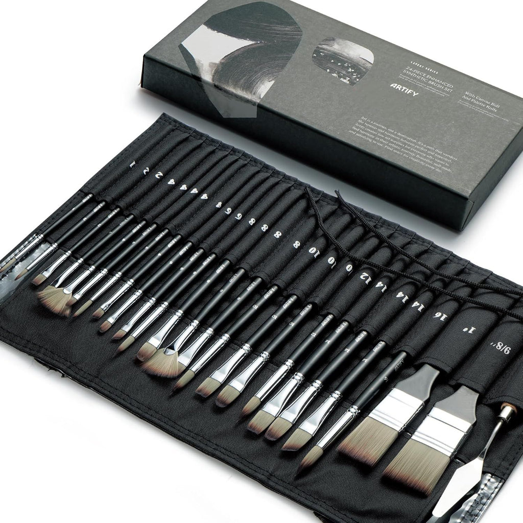 25 Pieces Professional Paint Brush Set – Expert Series Synthetic Nylon Brushes for Acrylic, Oil, Watercolor, Gouache – No Shedding, Canvas Roll Case & Palette Knife, Artist Gifts Art Supplies