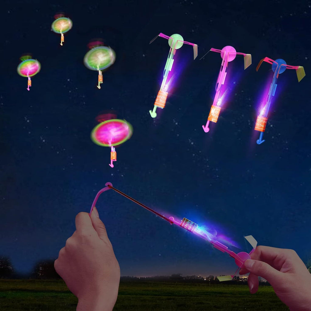 25 Sets LED Flying Set, 25 Slingshot+25 Glow Helicopter-50 Pcs, Flying Toy