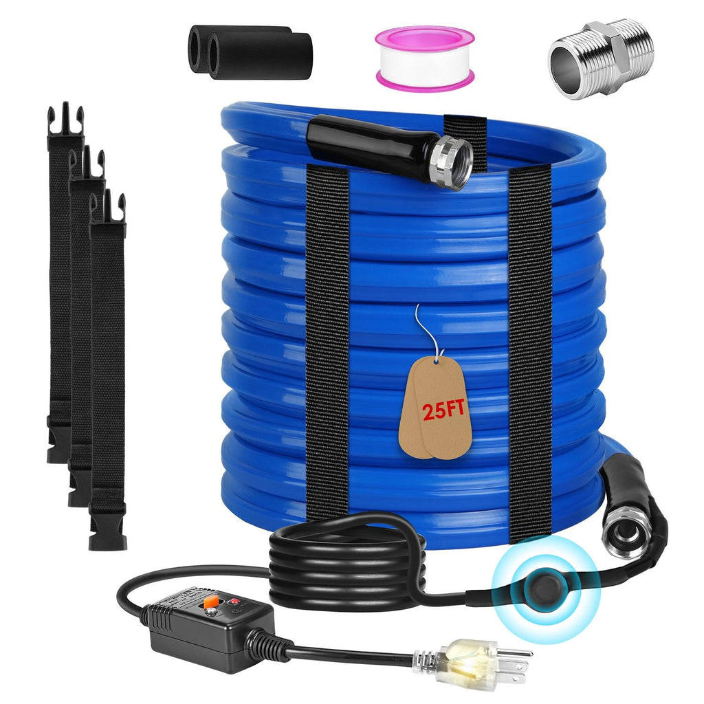 25FT Heated Water Hose for RV with Thermostat Water Line Anti Freeze Protection Down to -45°F 5/8' Inner Diameter Heated Drinking Water Hose for Home Camping Farm RV Accessories