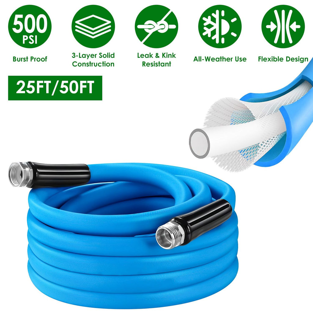 25FT/50FT 5/8" Non-Expanding Flexible Garden Hose Heavy Duty PVC Water Hose Leak-Resistant Kink-Free All-weather Burst 500PSI GPCT5415