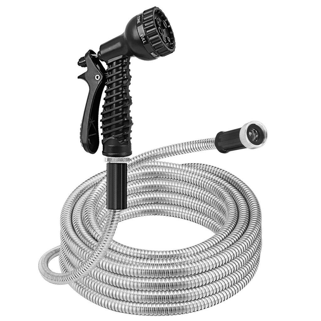 25FT/50FT/100FT Heavy Duty Stainless Steel Garden Hose Garden Watering Kit Metal Water Hose with 2 Nozzles 12 Patterns Flexible Extendable Kink Tangle Puncture Resistant Dog Proof