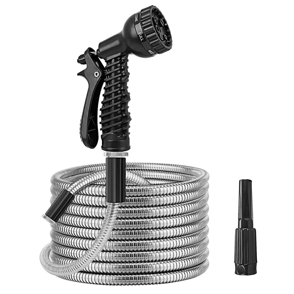 25FT/50FT/100FT Heavy Duty Stainless Steel Garden Hose Garden Watering Kit Metal Water Hose with 2 Nozzles 12 Patterns Flexible Extendable Kink Tangle Puncture Resistant Dog Proof