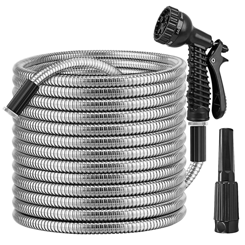 25FT/50FT/100FT Heavy Duty Stainless Steel Garden Hose Garden Watering Kit Metal Water Hose with 2 Nozzles 12 Patterns Flexible Extendable Kink Tangle Puncture Resistant Dog Proof