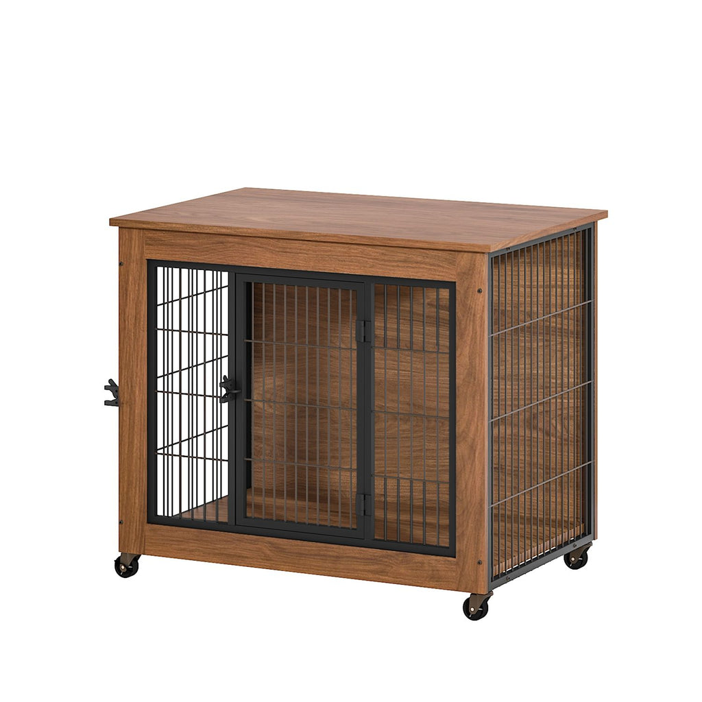 27.2" Dog Crate Furniture with Lockable Wheels Heavy Duty Wooden Dog Kennel with 2 Doors Steel Metal Pet Cage End Table Brown Indoor Dog House for Sma