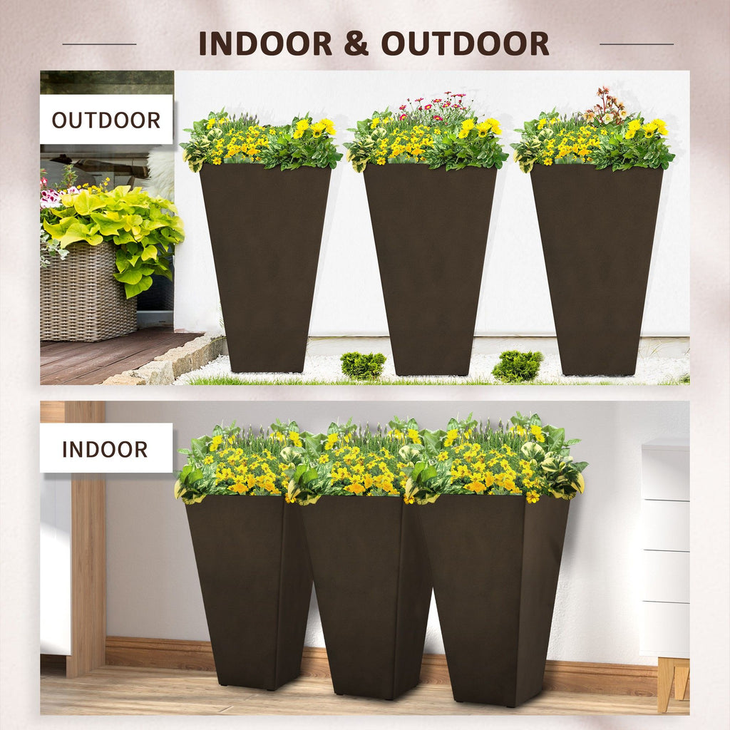 28ft Tall Plastic Planters, Set of 3, Flower Pot, anti-crack, fade-resistant, square shape with a matte surface, Outdoor & Indoor, for lawns, patios, yards, Brown