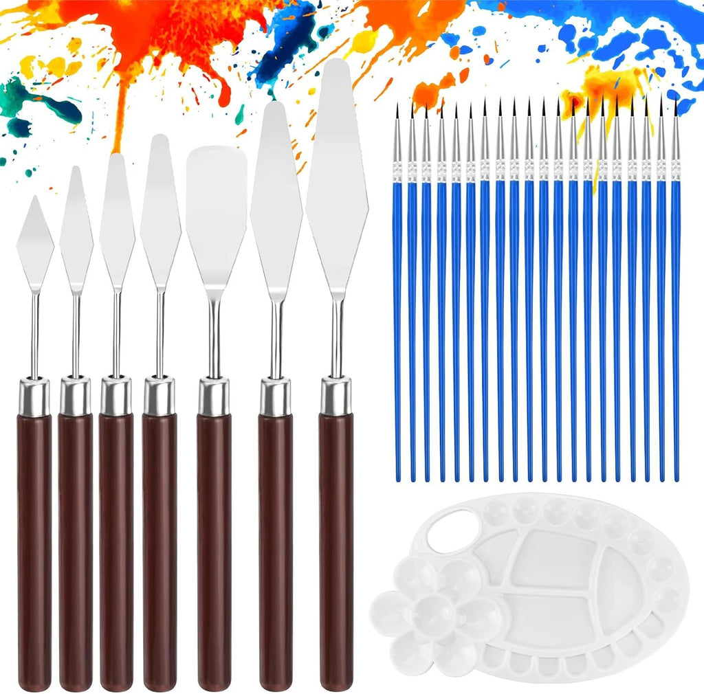 28PCS Palette Knife Set with 1 Painting Palette & 20 Painting Pen Tools, Stainless Steel Oil Painting Pallet Knife, Redwood Handle Art Spatula Accessories Supplies for Artists Canvas Acrylic Painting