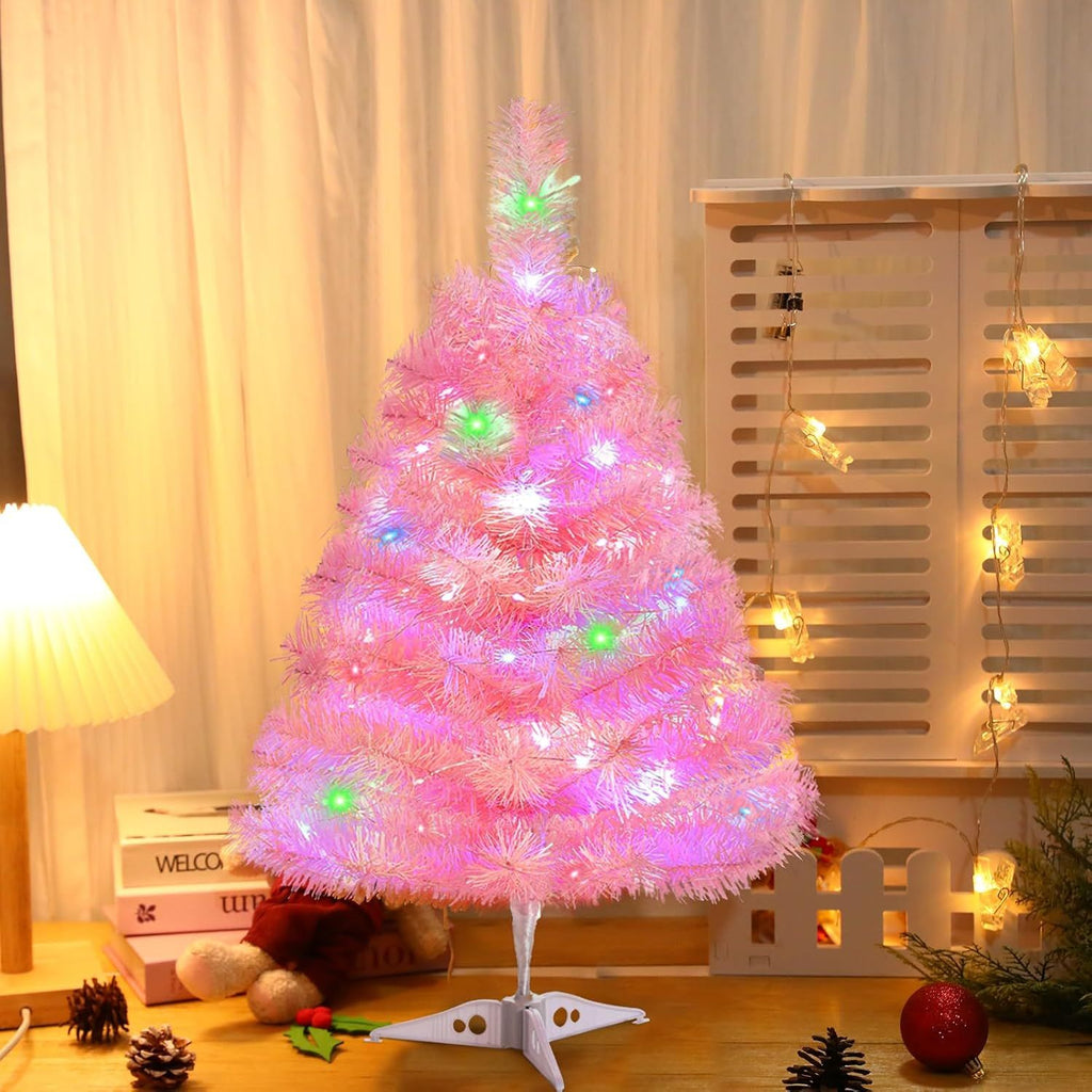 2FT Artificial Christmas Tree with Lights Lighted Pink Tabletop Christmas Tree with Plastic Stand Light Up Battery Operated Mini Xmas Tree for Party Supplies Indoor Outdoor Holiday Home Decoration