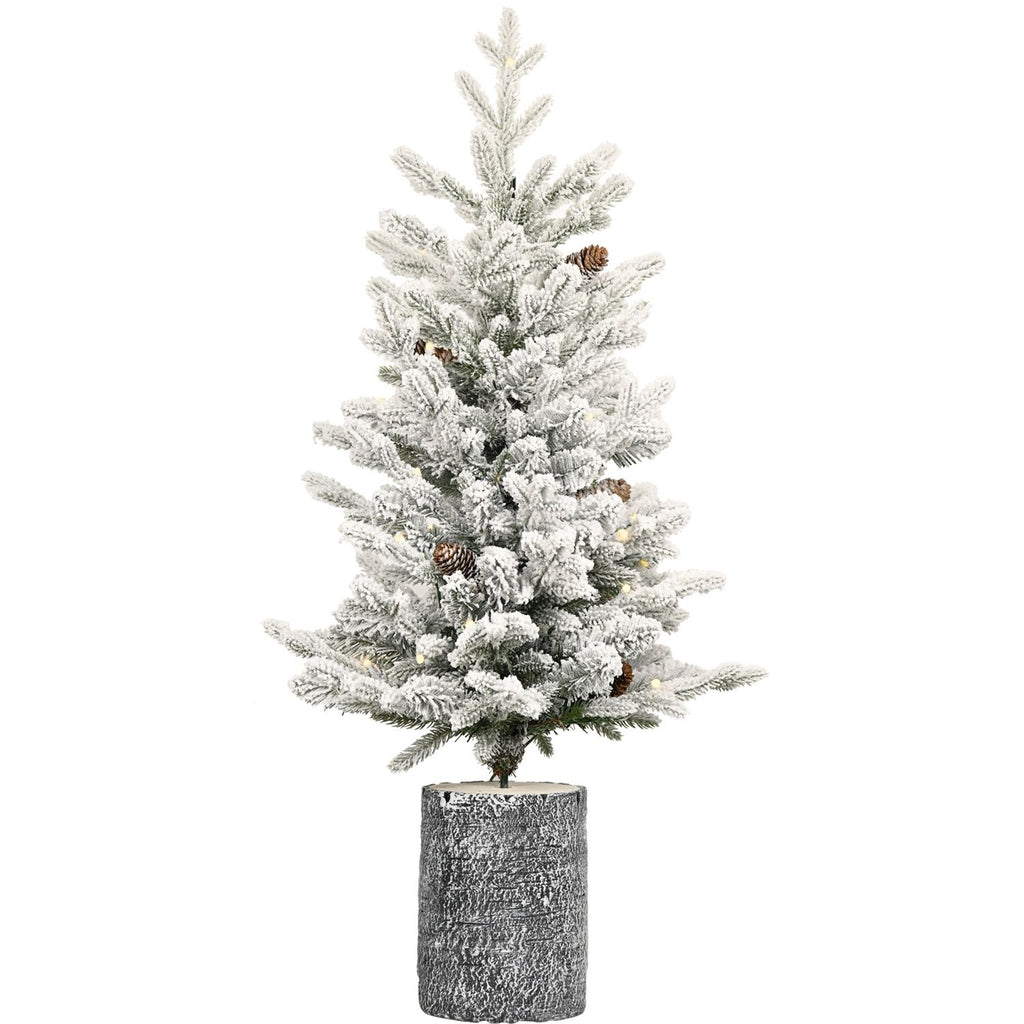 2FT Flocked Christmas Tree with Pot 30 Pre-Lit Warm White LED Lights 3 Pine Cone Decorations Potted Artificial Christmas Tree for Tabletop Bedroom Man