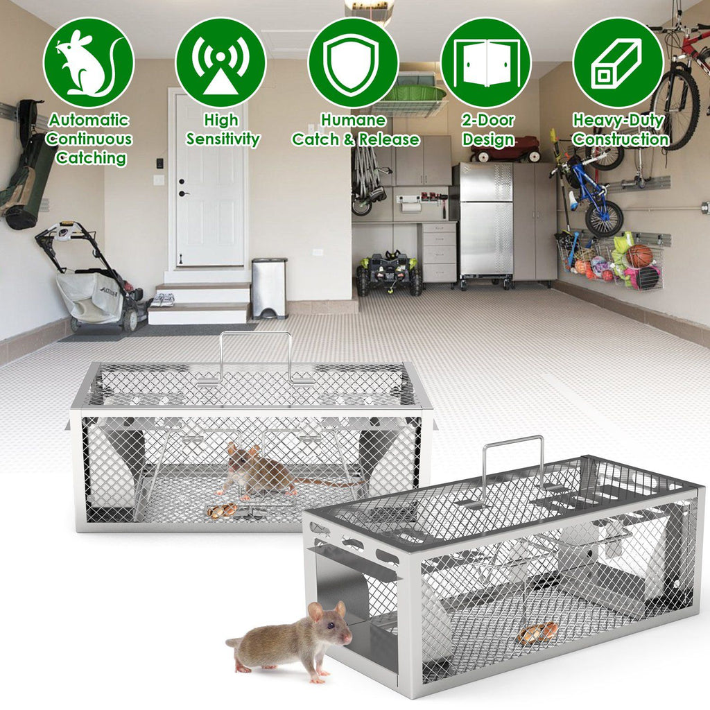 2Pack 11.81x5.63x4.45In 2-Door Humane Rat Trap Automatic Continuous Mouse Trap Reusable Galvanized Iron Live Animal Cage