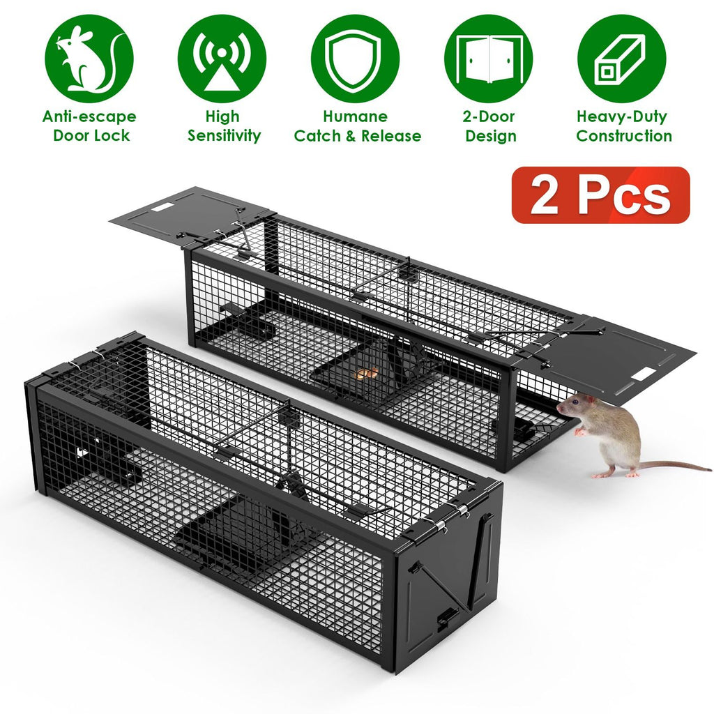 2Pack 15.35x4.72x3.94in 2-Door Humane Live Rat Trap Galvanized Iron Rodent Trap Cage Reusable for Home Garden Farm Warehouse
