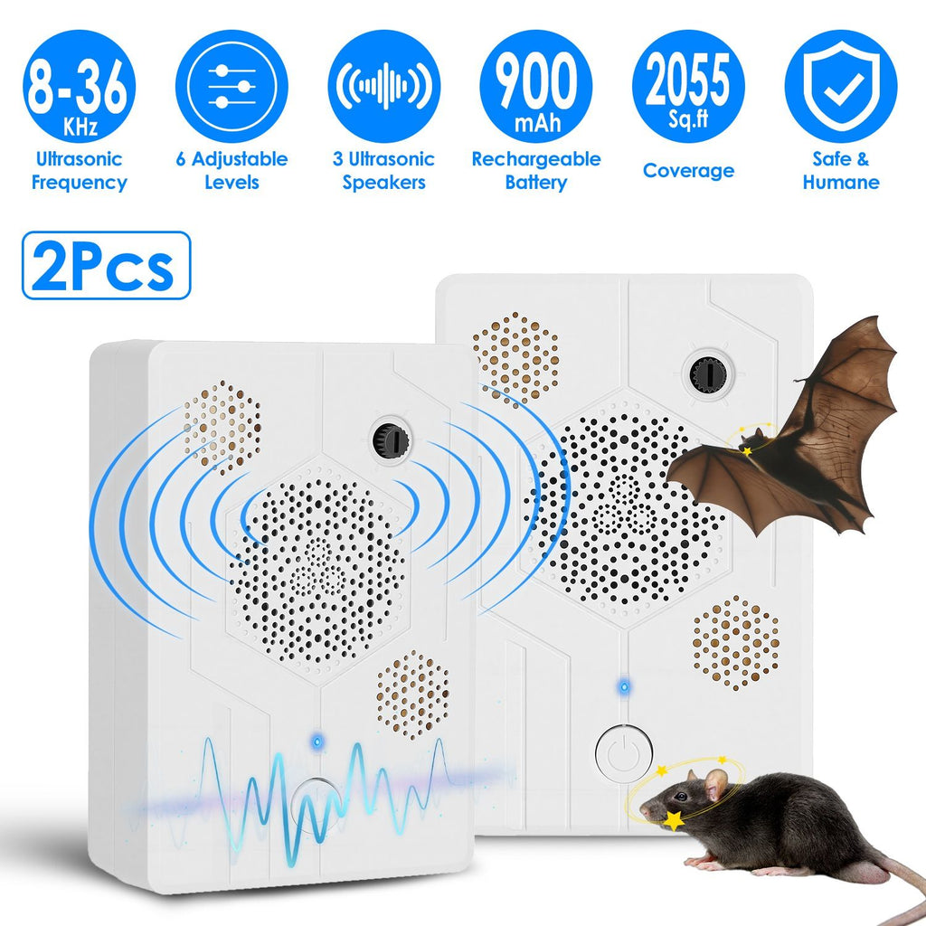 2Pack 2026 Upgraded Rechargeable Ultrasonic Bat Repellent Indoor Outdoor Bird Mouse Dog Deterrent Device with 3 Ultrasonic Speakers for Attic Porch House