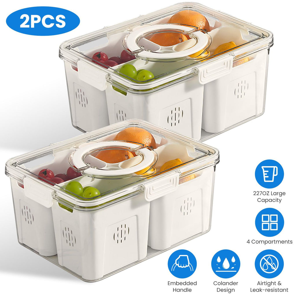 2Pack Airtight Fruit Storage Containers 4-Compartment Food Storage Containers Fruit Vegetable Organizers with 8 Removable Colanders for Fridge Picnic GPCT5247