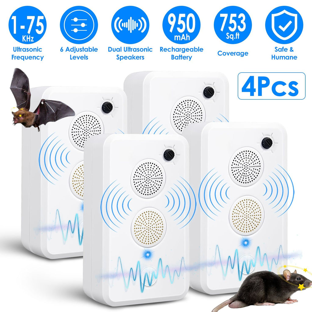 2Pack/4Pack Options - Rechargeable Ultrasonic Bat Repellent Indoor Outdoor Bird Mouse Deterrent Device with 6 Adjustable Levels for Attic Porch House