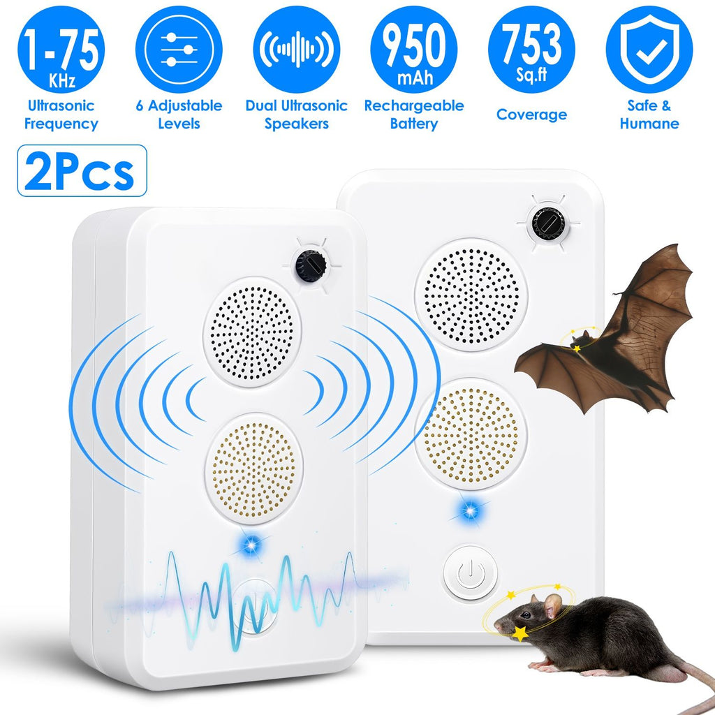 2Pack/4Pack Options - Rechargeable Ultrasonic Bat Repellent Indoor Outdoor Bird Mouse Deterrent Device with 6 Adjustable Levels for Attic Porch House