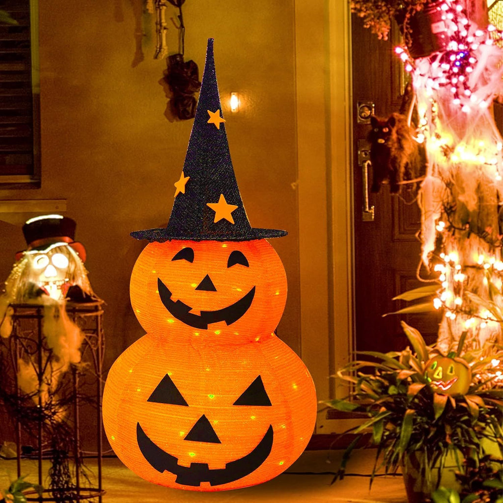 2pcs 3FT Halloween Collapsible Pumpkin Decorations, Pre-Lit Light Up 50 LED Pumpkin with Star Hat 8 Lighted Mode, Pop Up Jack-o-Lantern with Metal Stand for Indoor Outdoor Yard Holiday Decor