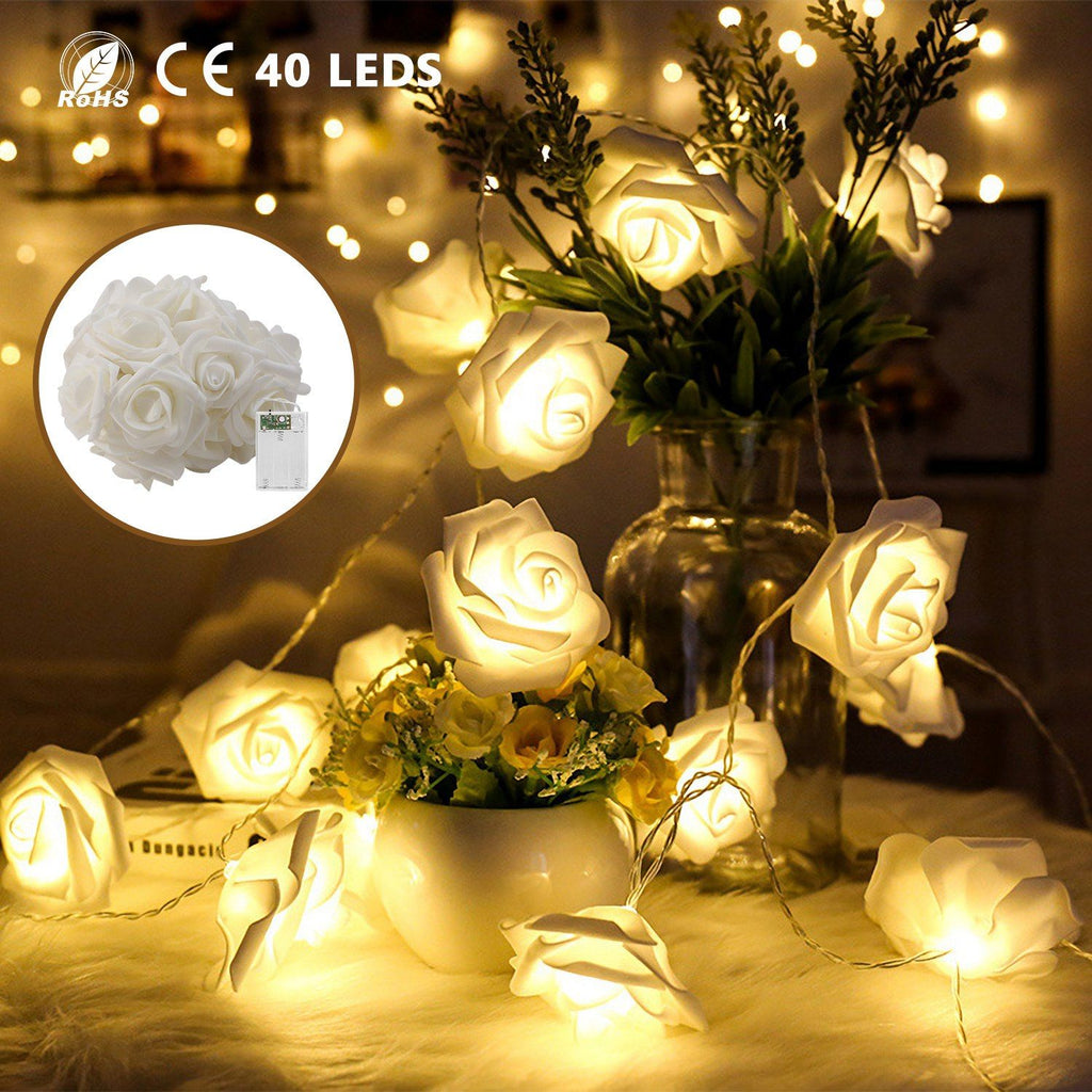 2Pcs 40 LEDs Rose Flower String Lights 10ft/3m Battery Operated Decorative Lights for Anniversary Valentine's Wedding Bedroom