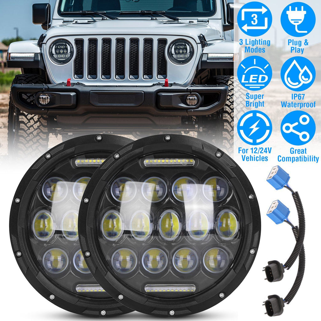 2Pcs 7In 75W Round LED Headlight 3500LM Halo Car Headlamp with DRL High Low Beam for Jeep Wrangler TJ JK CJ with H4 to H13 Adapters Plug and Play