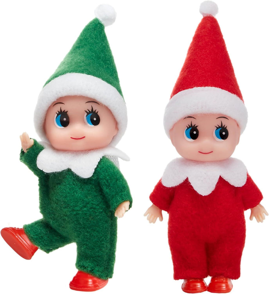 2PCS Christmas Elf Plush Doll, Red and Green Tiny Elf Doll with Clothes and Belt Pattern Soft Plush Accessories for Christmas Holiday Decorations, Dress-Up Party
