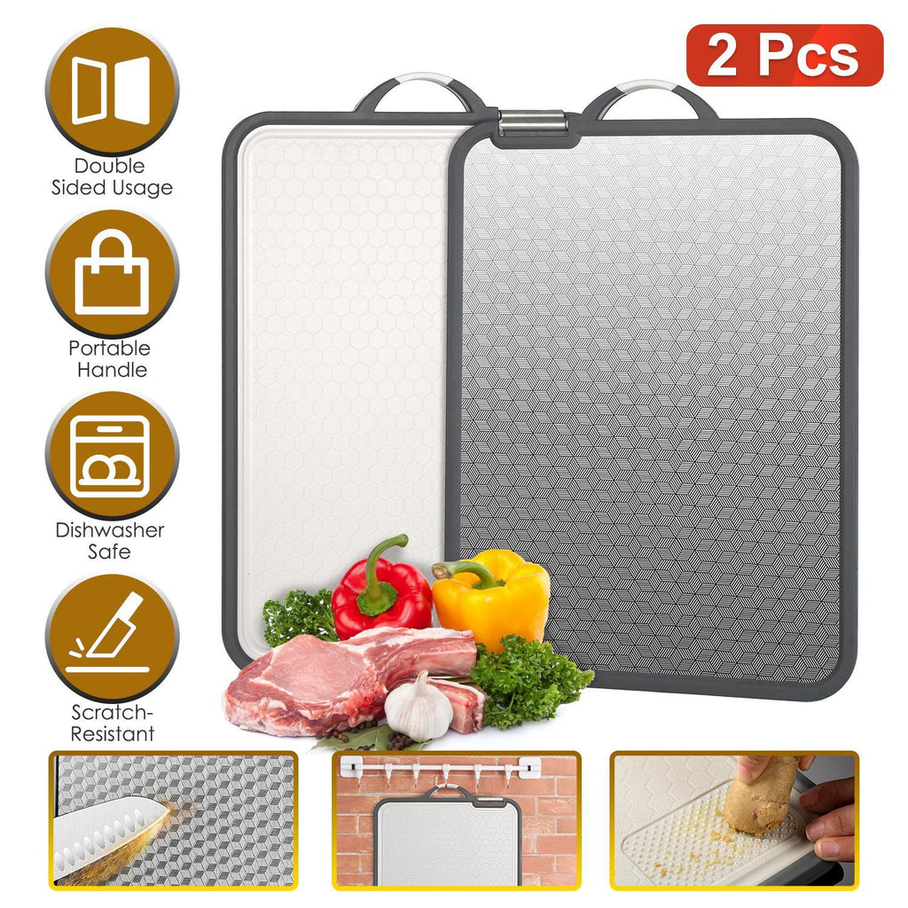 2Pcs Double Sided Cutting Board Stainless Steel PP Chopping Board Lightweight Kitchen Cutting Board Mesh Design with Grinding Zone Knife Sharpener Handle Dishwasher Safe GPCT5399