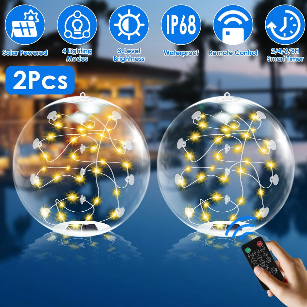 2Pcs Floating Pool Lights 14in Solar Powered Pool Balls IP68 Waterproof Inflatable Pool Decoration Lights with Remote Control 3 Light Modes Timer Adjustable Brightness