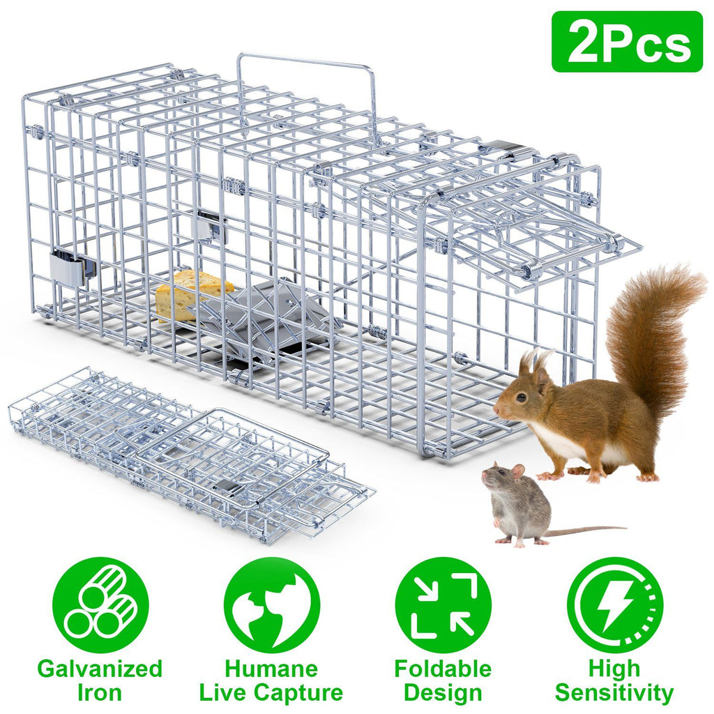 2Pcs Foldable Rat Trap Cage Humane Live Rodent Trap Cage Galvanized Iron Mice Mouse Control Bait Catch with Detachable L Shaped Rod For Kitchen Garden Warehouse
