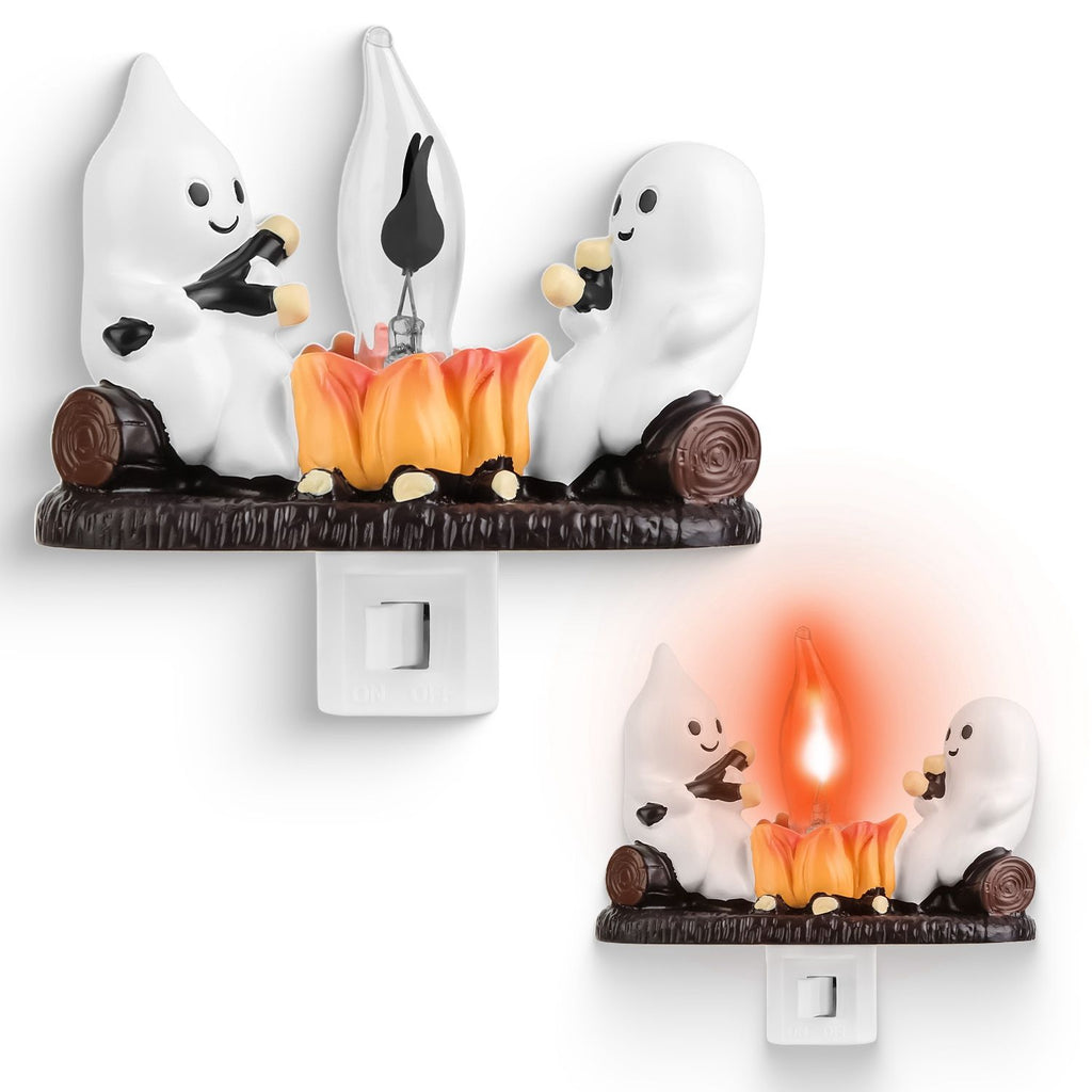 2Pcs Ghost Campfire Flickering Flame Night Light Indoor 3D Funny Halloween Nightlight Decoration Bedroom Night Light Halloween Decoration Gift For Friends Family