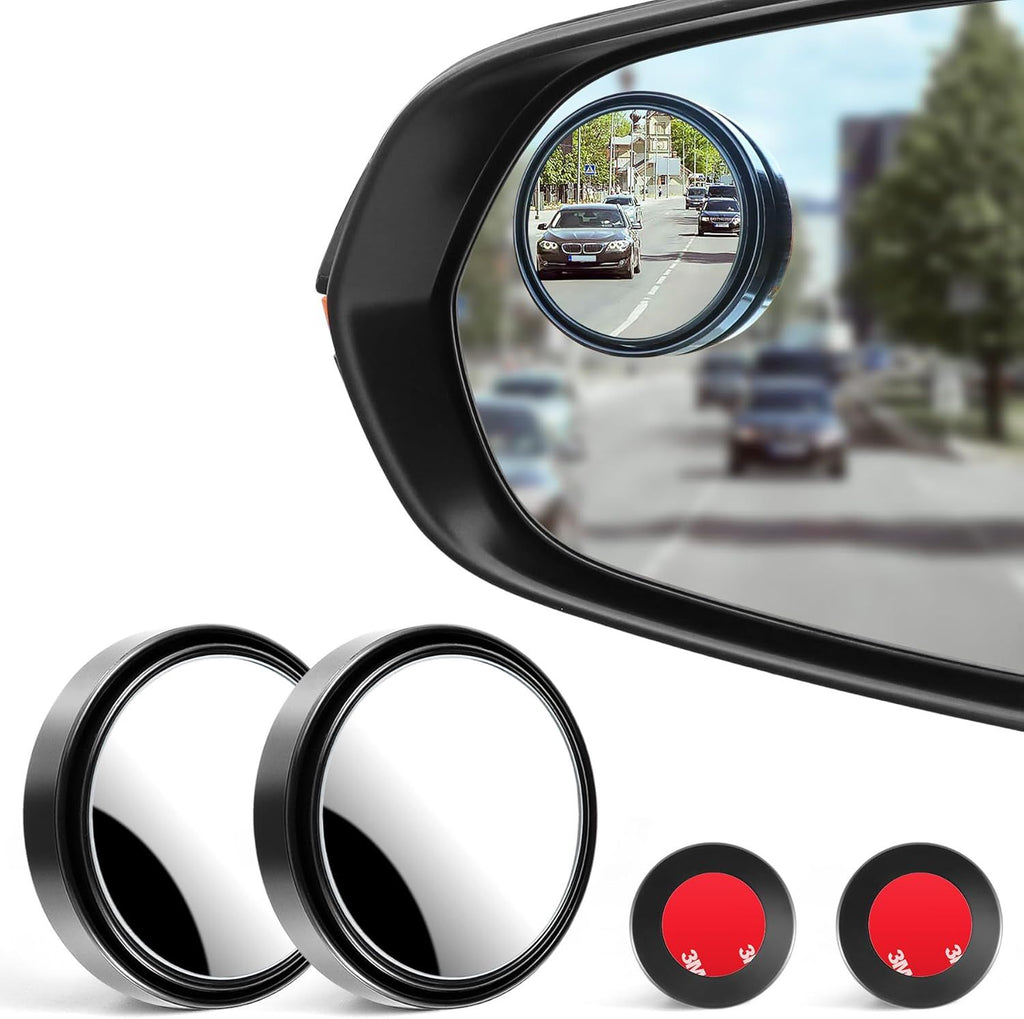 2PCS Round Blind Spot Mirror, HD Glass and ABS Housing Convex Wide Angle Rearview Mirror with Adjustable Stick for Universal Car, Black