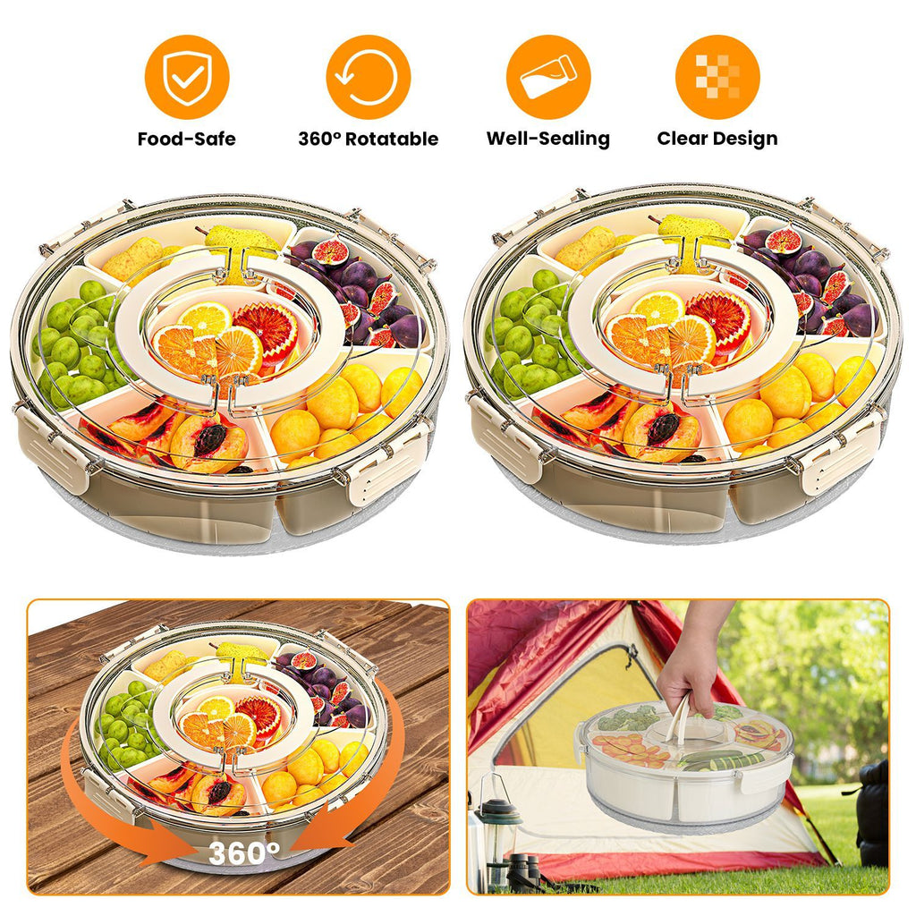 2Pcs Size Options Divided Serving Tray with Lid and Handle 360° Rotatable Snack Box Container with 6 Dividers Clear Portable Snack Platters for Fruit Candy Nut Snack Perfect for Party Picnic