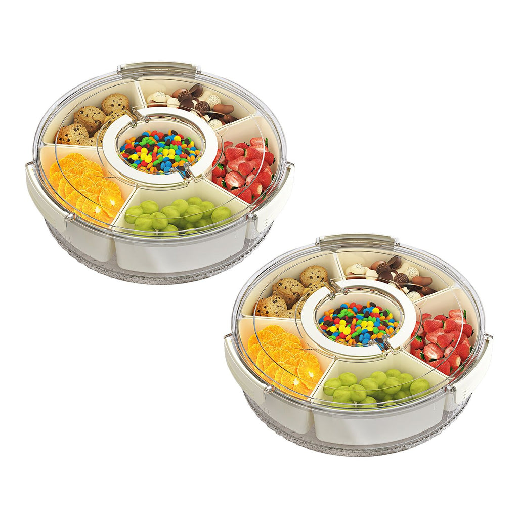 2Pcs Size Options Divided Serving Tray with Lid and Handle 360° Rotatable Snack Box Container with 6 Dividers Clear Portable Snack Platters for Fruit Candy Nut Snack Perfect for Party Picnic