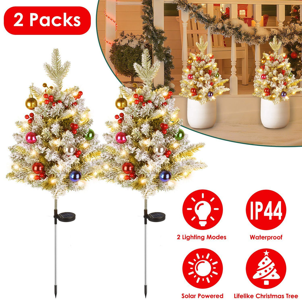 2Pcs Solar Powered Lighted Christmas Tree Urn Filler With Light Artificial Xmas Trees Light with Berries Decor Balls LED Pathway Pine Tree IP44 Waterproof 50 Beads Warm Light