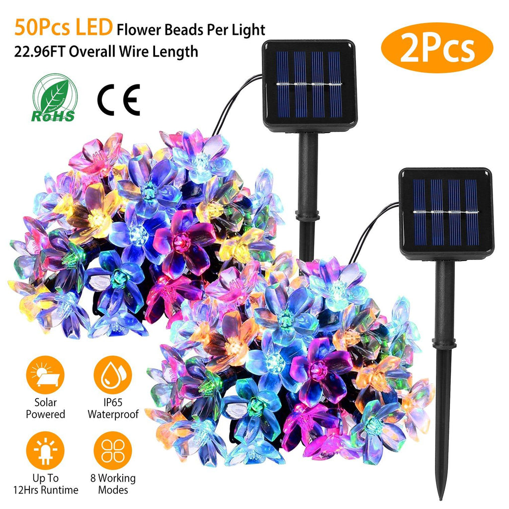 2Pcs Solar Powered String Lights 50LED Beads Fairy Sakura Flower Blossom Lights