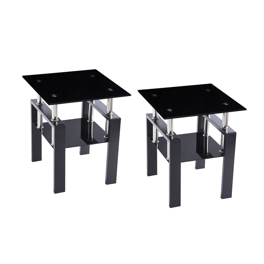 2Pcs Tempered Glass Sofa Table, 2-Tier Black End Table with Powder-Coated Iron Frame, Modern Glass Side Table for Living Room, Bedroom, Office