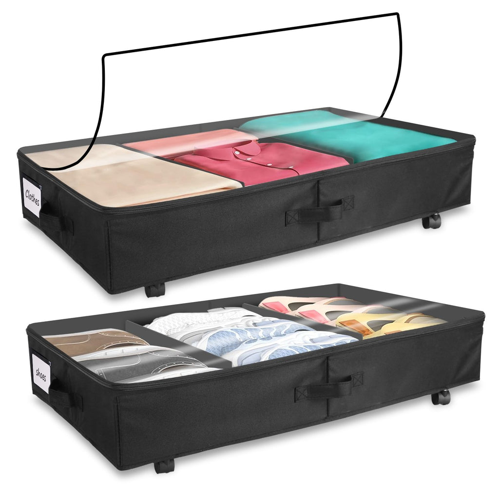 2Pcs Under Bed Storage Container With Lockable Wheels Dividers Label Dustproof Clear Lid Strap Handles Rolling Under Bed Metal Drawer for Clothes Shoes Toys Blankets Storage