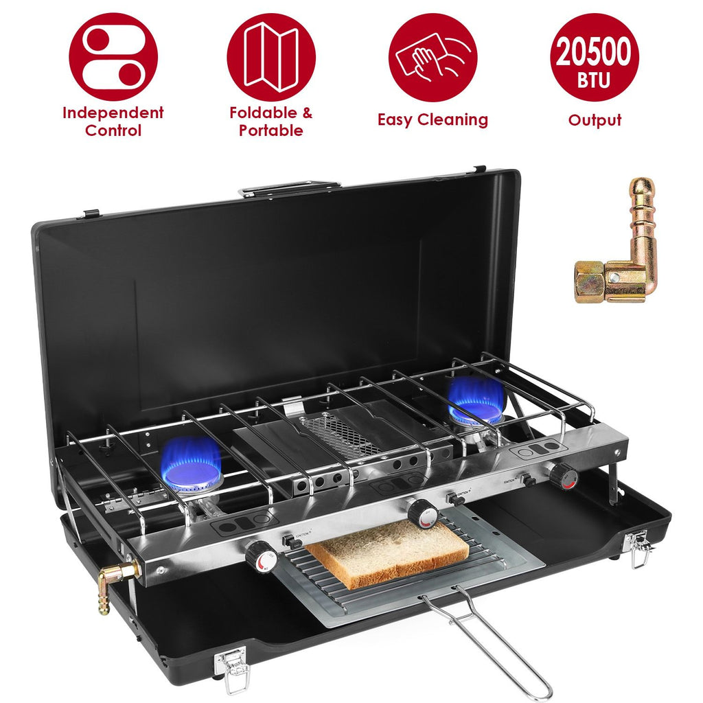 3 Burner Camping Stove 20000 BTU Portable Foldable Propane Stove With Toast Tray Windshield Portable Handle Outdoor Cooking Gas Stove For RV Camping BBQ Picnic Backyard