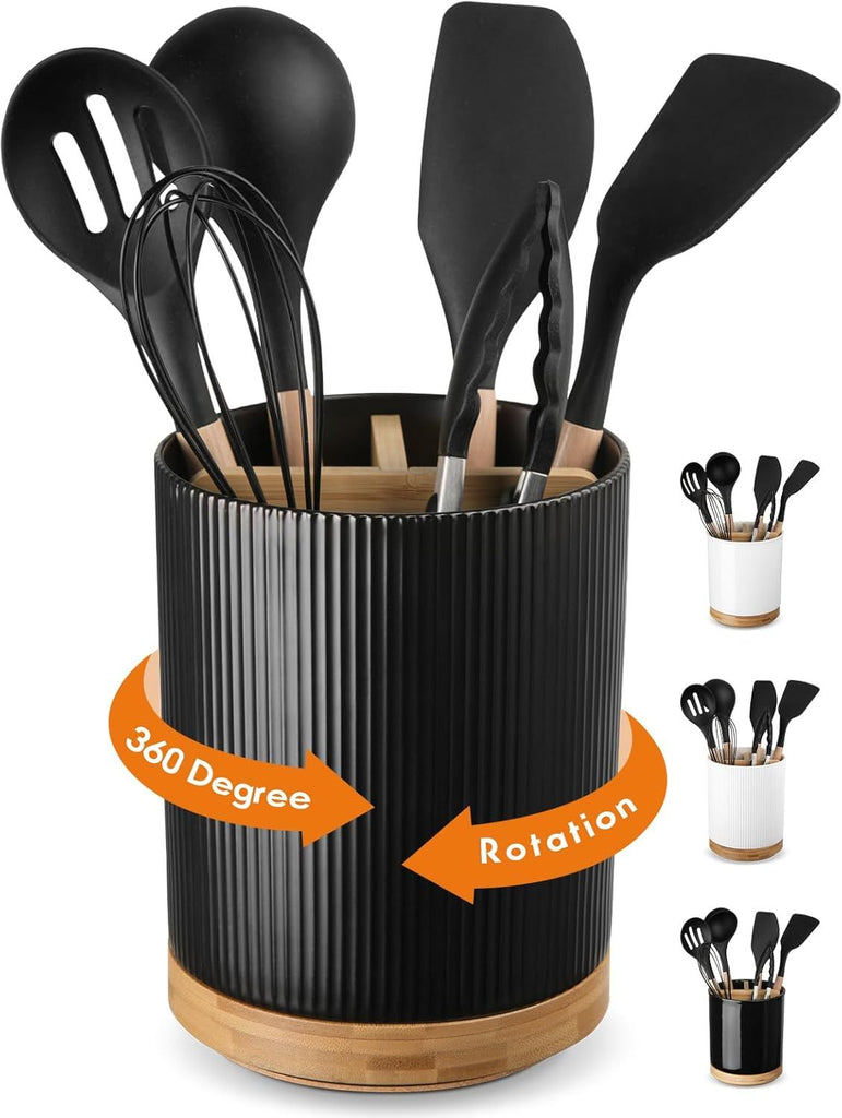 3 Compartment Utensil Holder, Extra Large Utensil Crock, Stable Ceramic Utensil Organizer, Cooking Tool Organizer Set for Kitchen Counter Farmhouse Decor (B-Black(Vertical Stripe))